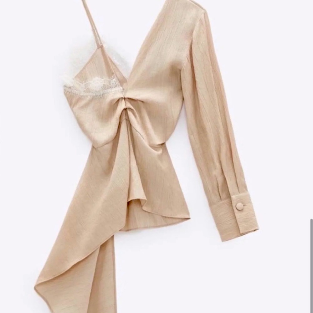 New Zara Beige Tan Asymmetrical Cami V Neck Lace One Shoulder Blouse Top - Picture 9 of 16